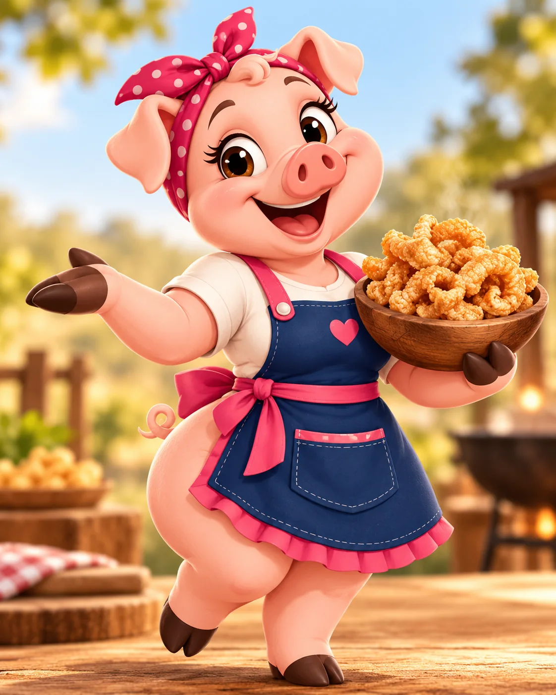 Porkinha, mascote original da loja, sorrindo e oferecendo uma tigela de pururucas